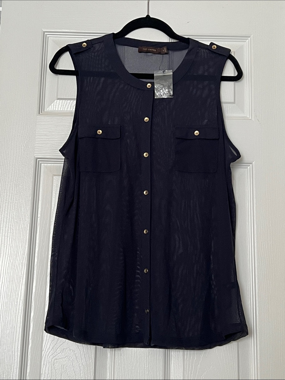 The Limited Sheer Sleeveless Navy Button-Front Blouse